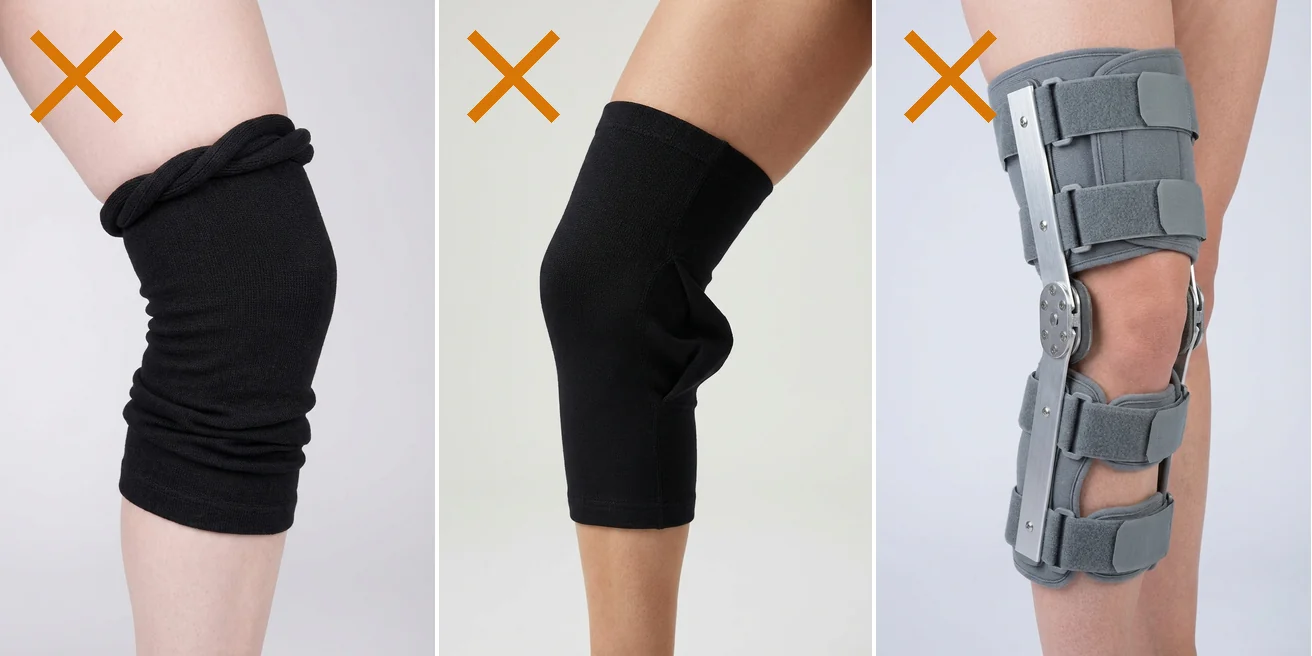 Three knee supports that failed: a sleeve rolled into a cord, a sleeve gaping behind the knee, and a rigid hinged brace