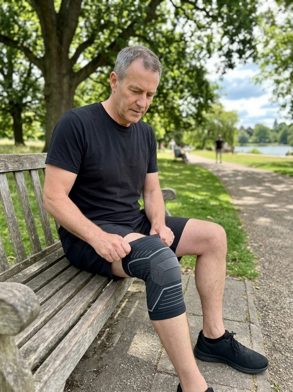 Pulling the knee sleeve on before a walk in the park
