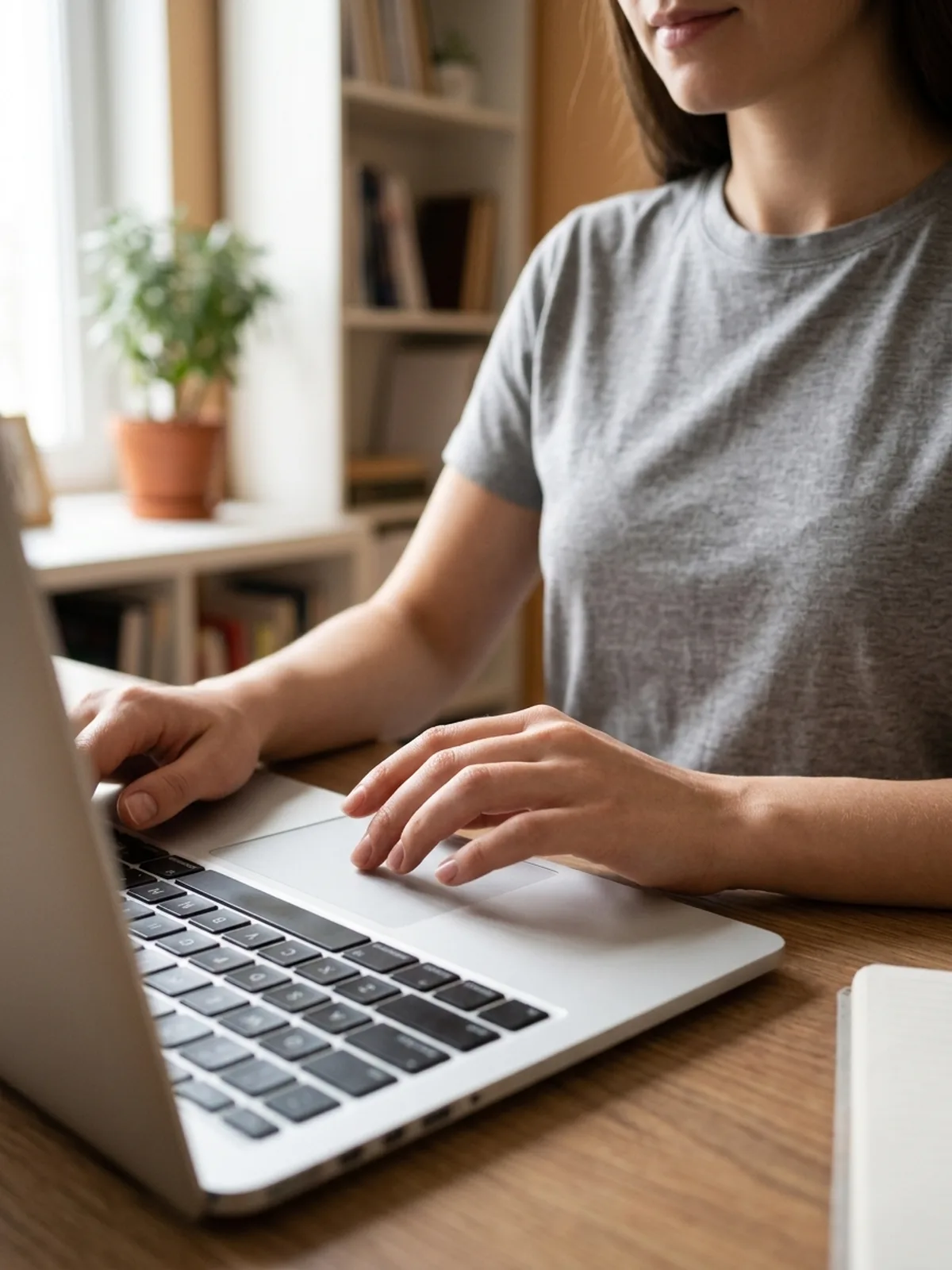 Wearing the posture cue over a tee while typing at a desk