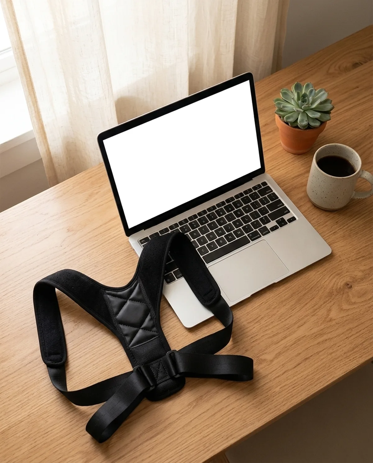 The posture cue kept on the desk beside a laptop