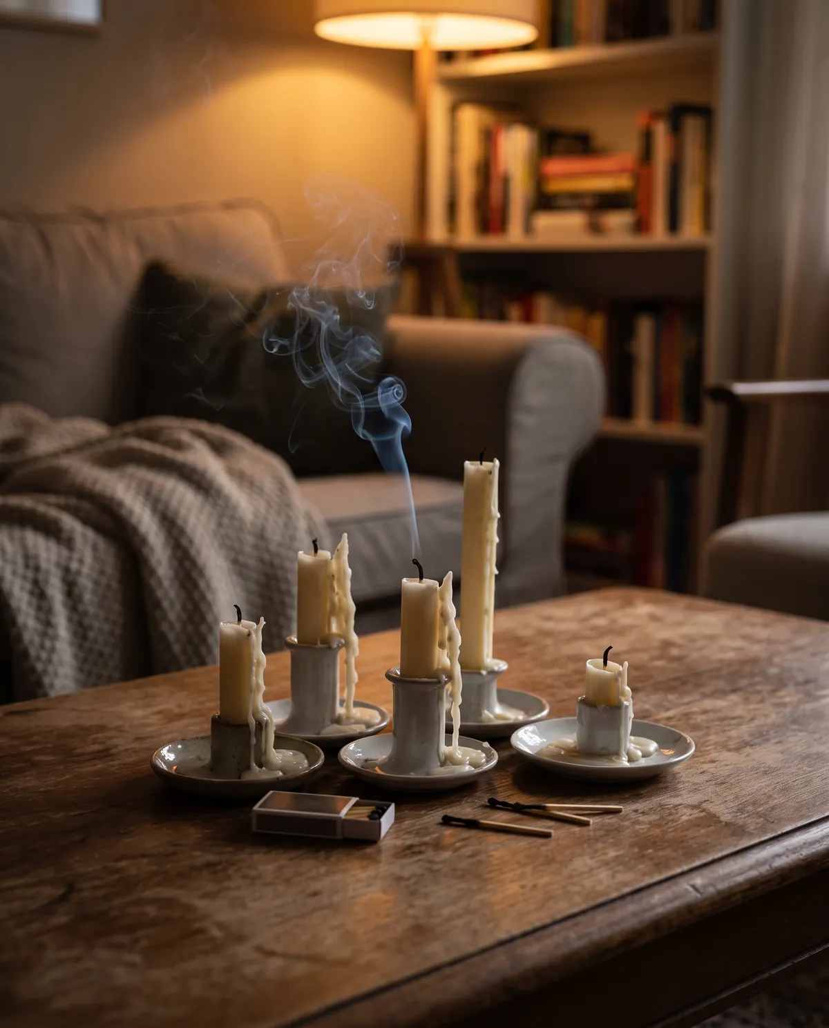 Burnt-down candles and spent matches on a coffee table