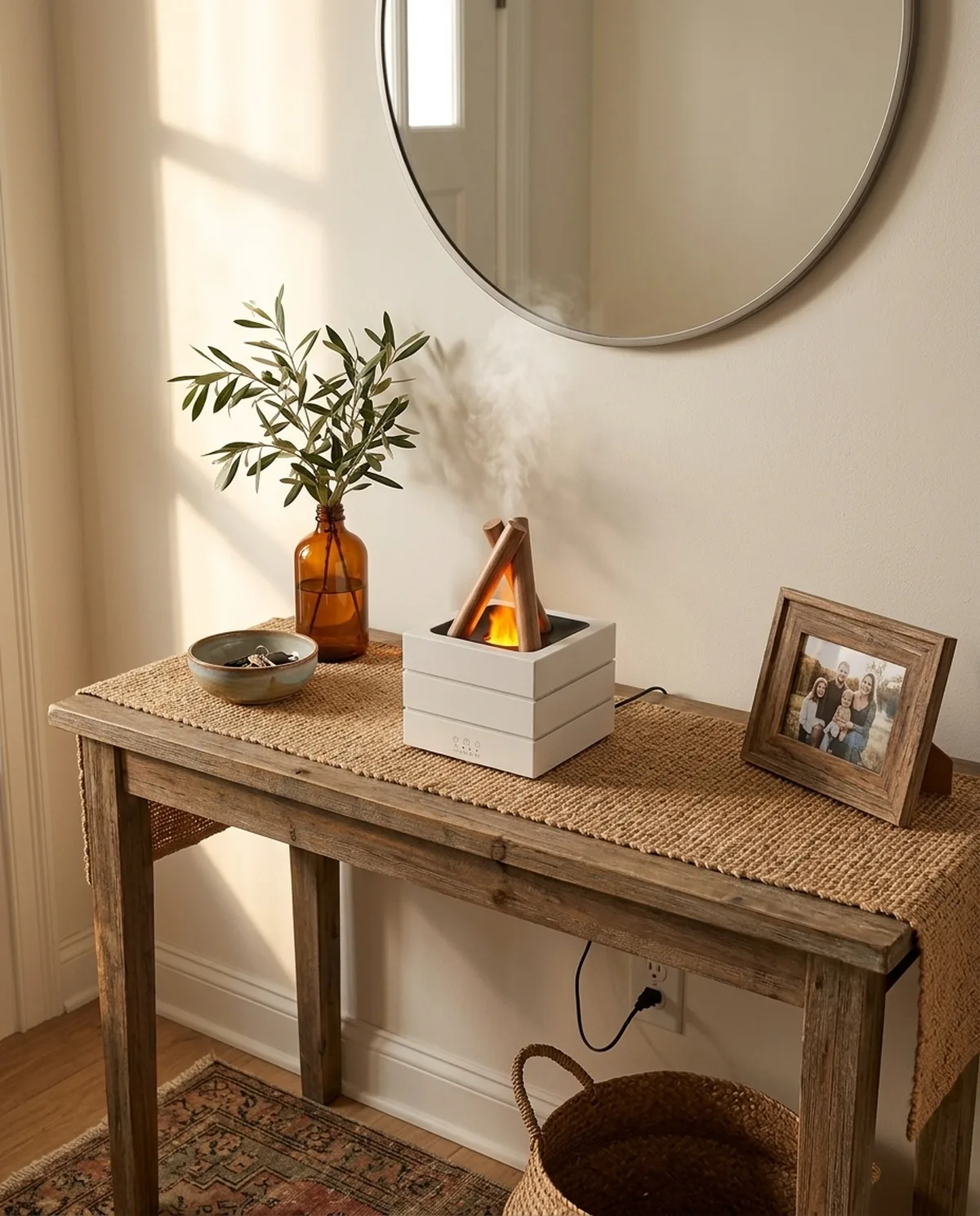The diffuser glowing softly on a nightstand