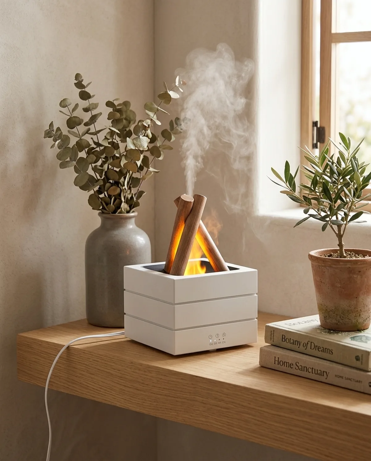 The diffuser styled on a shelf